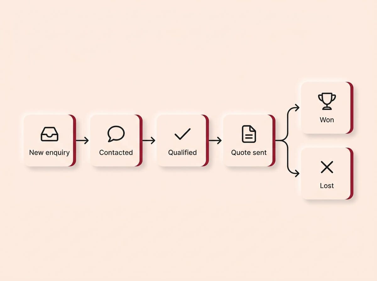 A conceptual infographic diagram on a cream background, rendered in a Soft UX neumorphic style with floating shadows. It displays a simple, horizontal CRM pipeline using crimson-accented cards. The sequence flows from left to right through four stages: New enquiry, Contacted, Qualified, and Quote sent. From the Quote sent stage, the path branches into two final outcomes on the right: Won and Lost. Thin charcoal arrows connect the stages, illustrating a streamlined, easy-to-use lead tracking workflow.