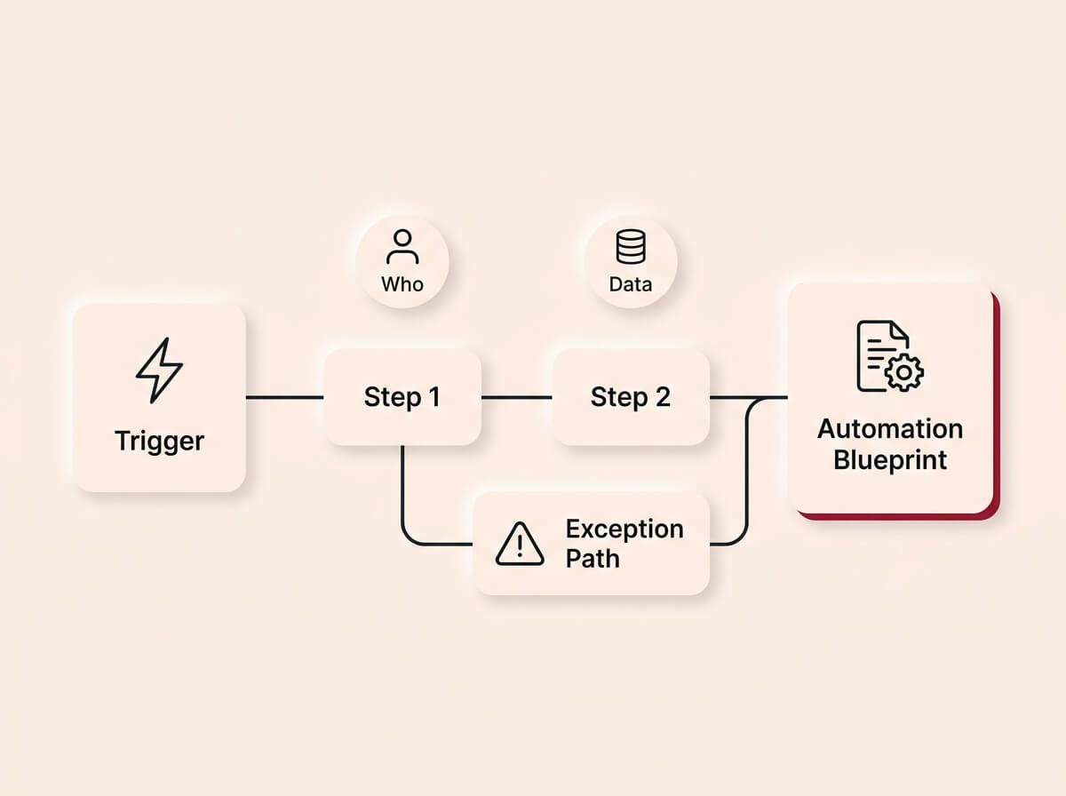A conceptual infographic diagram on a cream background, rendered in a Soft UX neumorphic style with floating shadows. A horizontal process map starts with a 'Trigger' card on the left, flowing through sequential 'Step' cards that include data and responsibility markers above them. A secondary line branches down to an 'Exception Path'. All paths converge into a final 'Automation Blueprint' card on the right, accented in crimson. The design illustrates the transformation of a complex manual workflow into a structured plan.