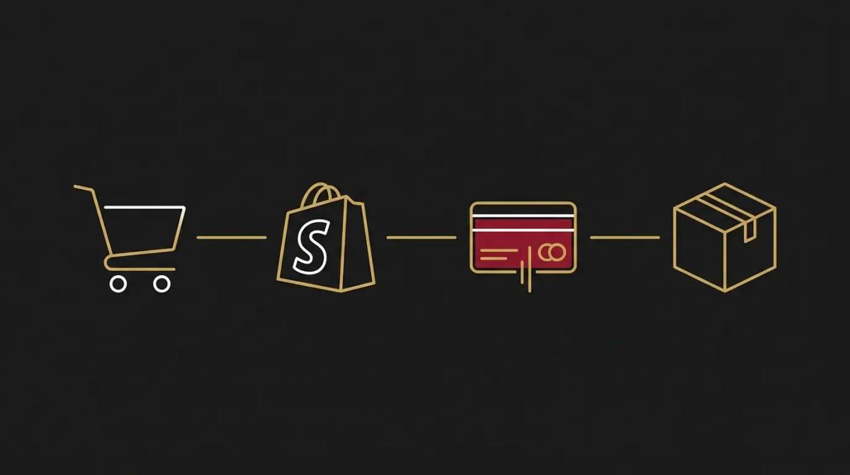a process flow showing a shopping cart moving through Shopify checkout to a packed shipping box.