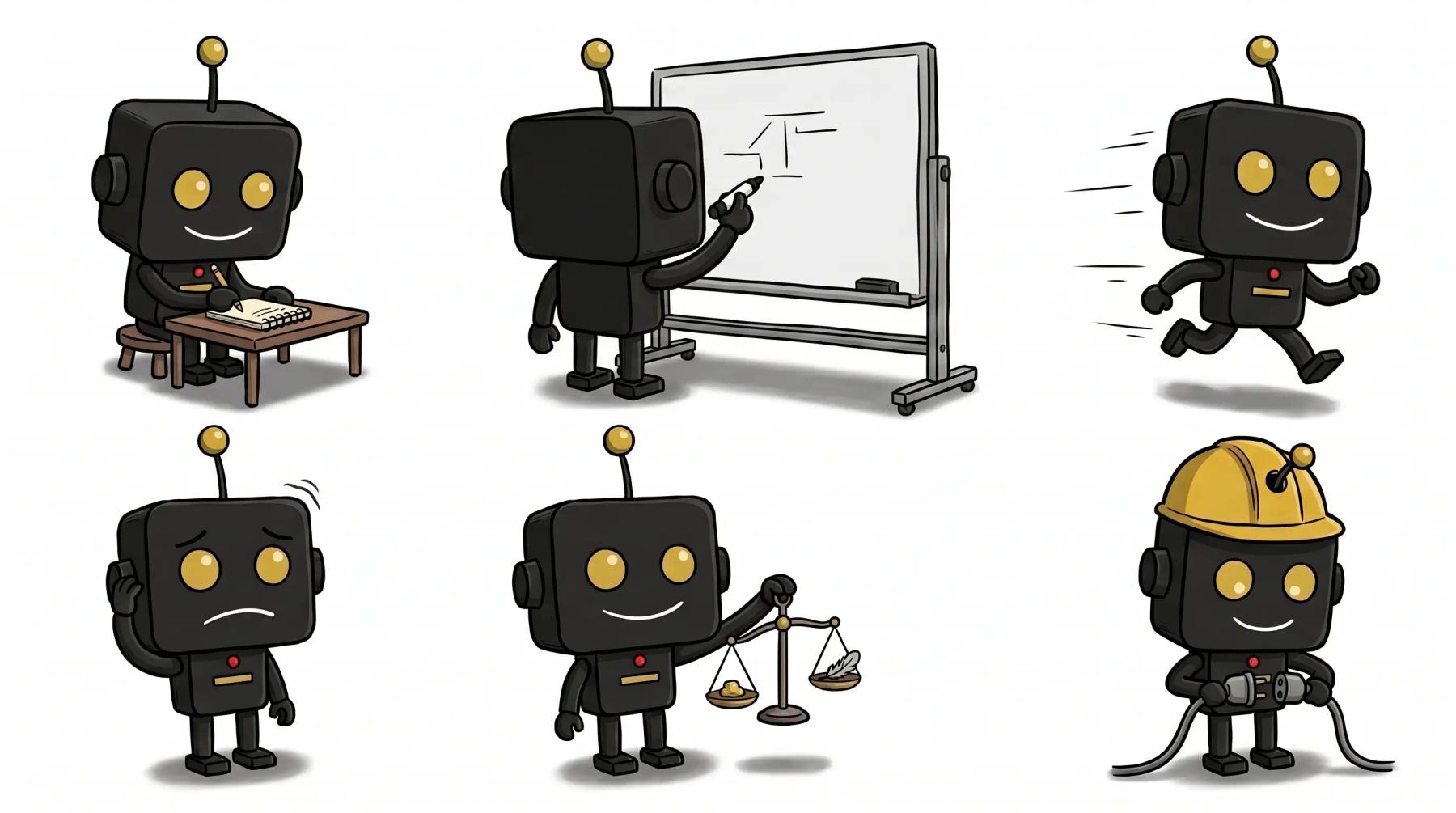 A character model sheet showing the same mascot robot in several different poses.
