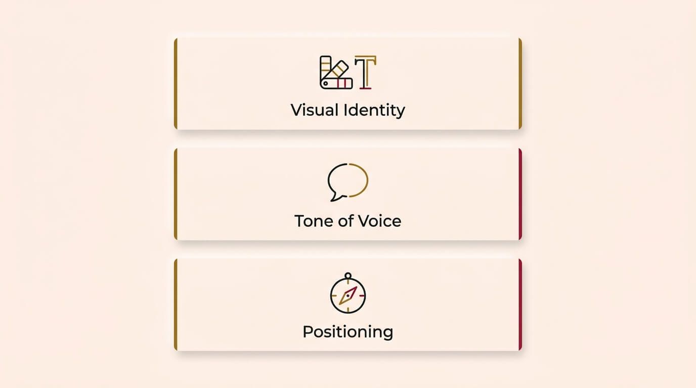 "Infographic diagram illustrating three key elements of brand guidelines: Visual Identity (top block with colour palette, font examples, image style icons), Tone of Voice (middle block with microphones, speech bubbles, communication symbols icons), and Positioning (bottom block with targets, compasses, competitive charts icons), vertically stacked on a cream background with charcoal grey text and single-stroke icons, highlighted sparingly with gold and crimson accents. Strict flat UI aesthetic, highly organized and professional, minimal labels, no decorative clutter." Self-reflection: This is very detailed and accurate based on prompt. good option.