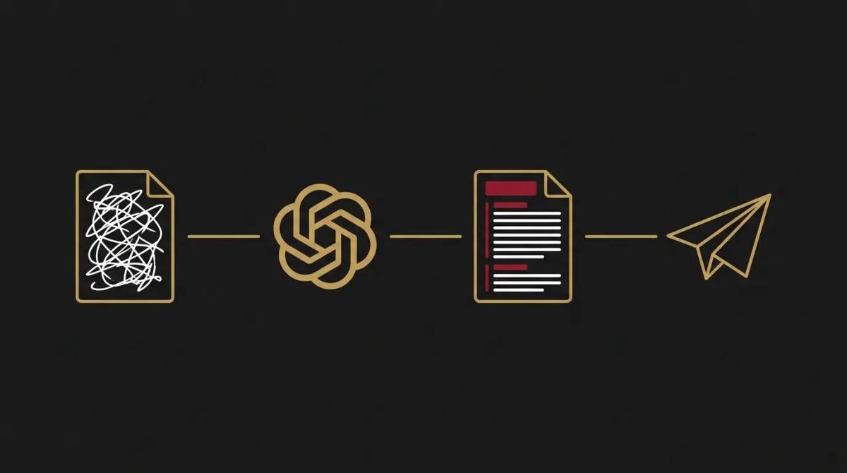 a process flow showing rough notes becoming a structured document and being sent.