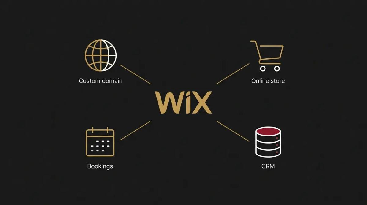 a diagram of Wix connected to a Custom domain, Online store, Bookings, and a CRM.