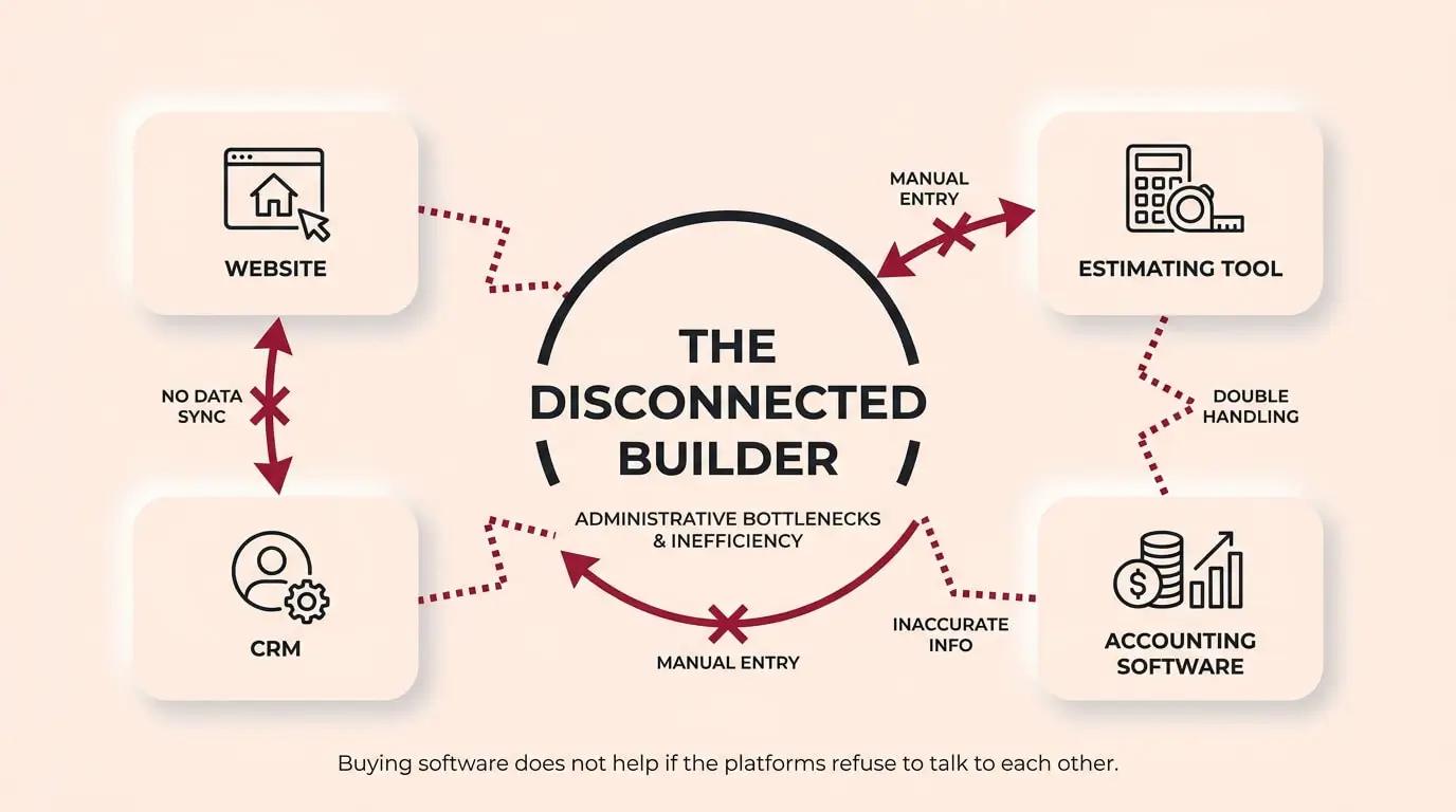 Diagram showing disconnected construction software tools causing administrative bottlenecks.