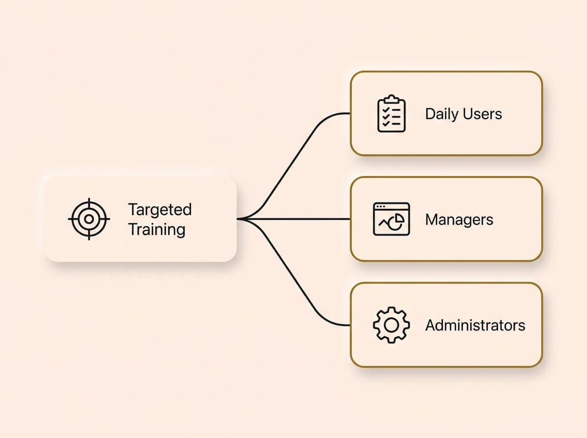 A conceptual infographic diagram on a cream background, rendered in a Soft UX neumorphic style with floating shadows. A horizontal flow begins with a 'Targeted Training' card on the left, which diverges into three vertically stacked role cards on the right: 'Daily Users' (checklist icon), 'Managers' (chart icon), and 'Administrators' (gear icon). Each role card features a muted gold accent. The design visually represents routing specific, relevant knowledge only to the people who need it, rather than overwhelming everyone with a single complex manual.