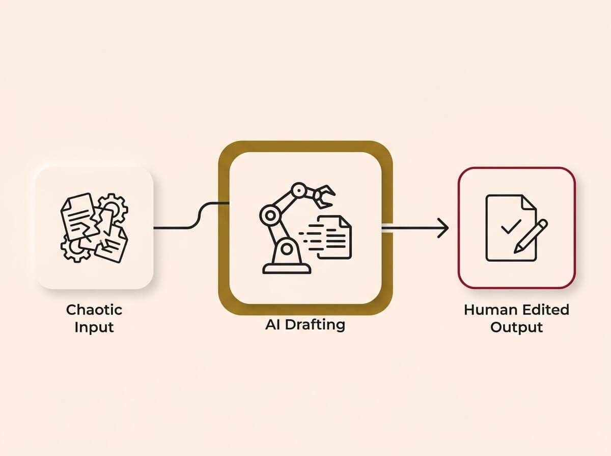 A conceptual infographic diagram on a cream background, rendered in a Soft UX neumorphic style with floating shadows. A horizontal flow begins with a faded charcoal card labeled 'Chaotic Input' featuring tangled documents. This connects to a central prominent 'AI Drafting' card accented in muted gold with a robot arm and document icon. A clean arrow points right from the AI card to a final 'Human Edited Output' card on the far right, accented in crimson with a clean checkmarked document and pencil icon. The design visually represents the critical rule that AI is most valuable for accelerating drafting, but human review is essential for transforming a raw draft into a final, reliable result.