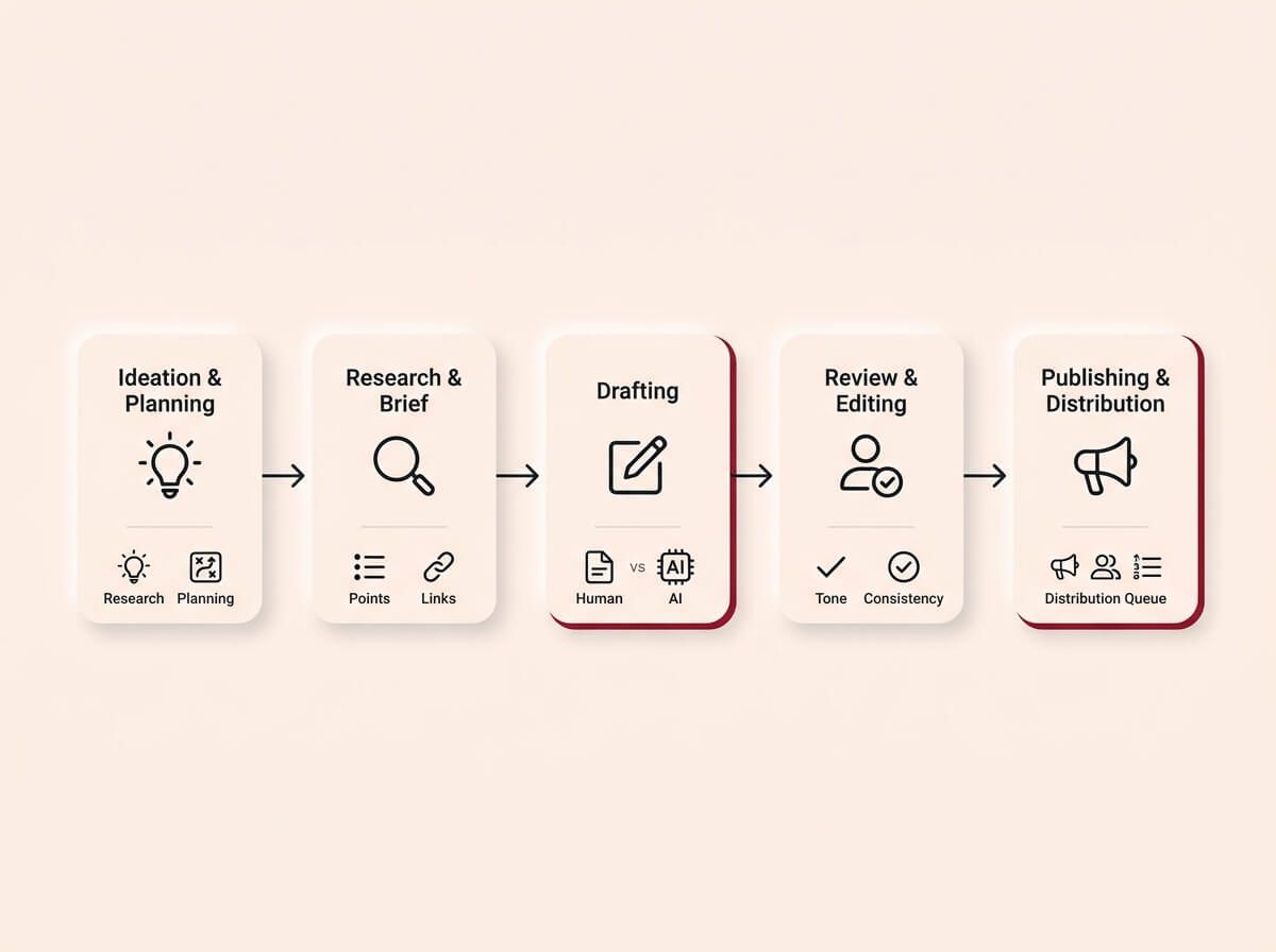 A conceptual infographic diagram on a cream background, rendered in a Soft UX neumorphic style with floating shadows. A horizontal sequential process map illustrates five distinct stages of content creation flowing from left to right. Each stage is represented by a soft-edged card with specific single-stroke icons and subtle crimson highlights signifying a Phase 1 system: Ideation & Planning (lightbulb), Research & Brief (magnifying glass), Drafting (document/AI), Review & Editing (checkmark/human), and Publishing & Distribution (megaphone/social). Connective arrows clearly show the order of the workflow. The design visually transforms the detailed text into a clear visual pipeline of structured content creation.