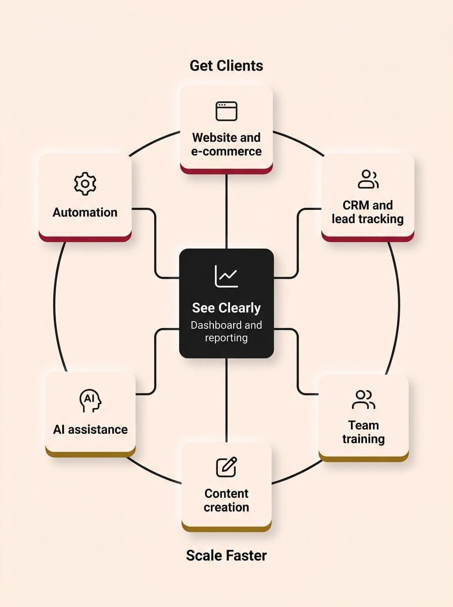 A clean, minimalist 2D infographic on a cream background (#FFF2EC) in a vertical 3:4 portrait layout, rendered in a Soft UX neumorphic style with floating shadows. At the absolute center is a prominent card labeled "See Clearly" with the sub-heading "Dashboard and reporting" and a single-stroke chart icon, strictly monochrome dark charcoal (#1A1A1A). Surrounding this center hub is an outer hexagonal cycle of six smaller operating cards, divided into two distinct color-coded sub-groups. The "Get Clients" (Top and Left arc) group features crimson (#9A1730) accents with three cards labeled exactly: "Website and e-commerce," "Automation," and "CRM and lead tracking." The "Scale Faster" (Bottom and Right arc) group features muted gold (#8B6914) accents with three cards labeled exactly: "AI assistance," "Content creation," and "Team training." Elegant dark charcoal (#1A1A1A) lines and arrows form a continuous circular flow between the two outer sub-groups and also connect individual cards within their own cluster. Additionally, thin charcoal lines feed simultaneously inward from all six outer operational cards directly into the central monochrome Dashboard hub, illustrating how every system supports the control tower. All icons are single-stroke monochrome lines, and only the exact text strings specified are used in a highly legible dark charcoal sans-serif font.