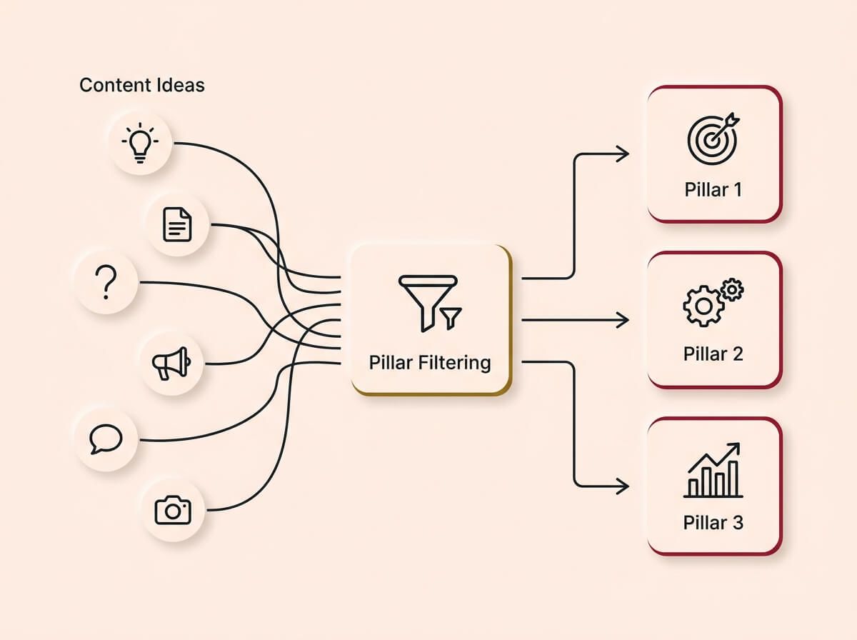 A conceptual infographic diagram on a cream background, rendered in a Soft UX neumorphic style with floating shadows. On the far left, a scattered cluster of circular badges with varied single-stroke icons represents disorganized content idea inputs. Lines from all sources flow rightwards, converging into a central "Pillar Filtering" card with a gold accent and a funnel icon. Three clear arrows point right from the filter to three prominent vertically stacked "Pillar 1", "Pillar 2", "Pillar 3" cards, accented in crimson, illustrating the conversion of chaos into strategic structure.