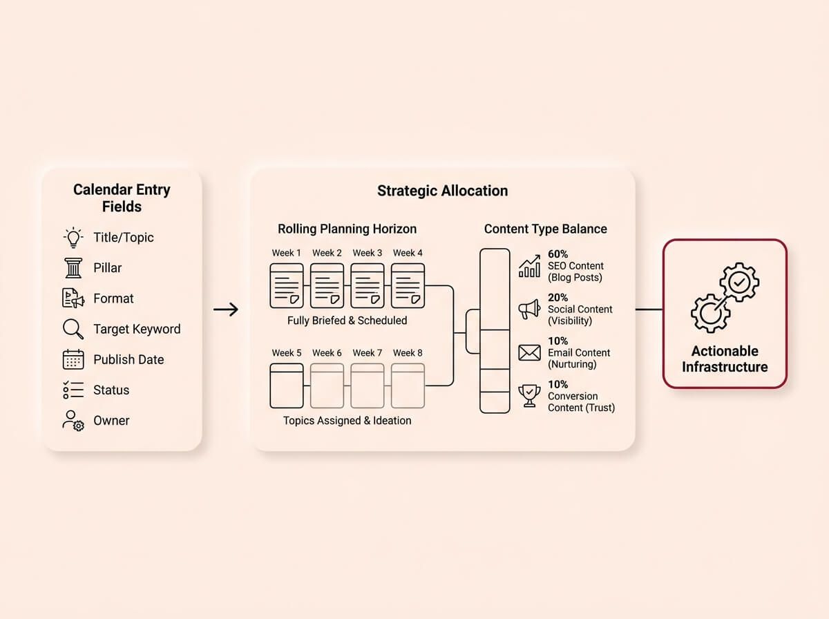 A conceptual infographic diagram on a cream background, rendered in a Soft UX neumorphic style with floating shadows. A horizontal flow diagram transforms a detailed list of mandatory content calendar fields (Title, Pillar, Format, Keyword, Date, Status, Owner, Planning Horizon) on the left into an organized "Strategic Allocation" system in the center. The central system visualizes a "Rolling Planning Horizon," showing Weeks 1-4 as finalized blocks leading to Weeks 5-8 as flexible topics assigned. Integrated with the timeline is a balanced segmented visualizer labeled "Content Type Balance" representing 60% SEO Content, 20% Social, 10% Email, and 10% Conversion, illustrating how specific content types map into the schedule to achieve the strategic mix. All paths converge into a final, crimson-accented card labeled "Actionable Infrastructure" on the right, visualising successful data-driven execution.