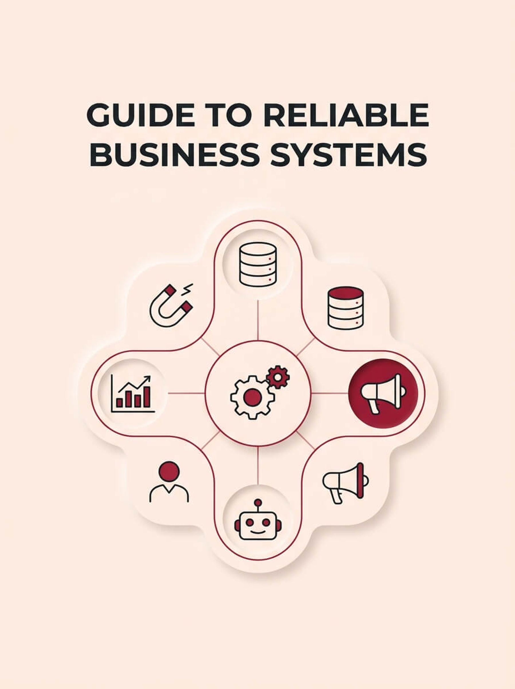 A conceptual image on a cream background, rendered in a Soft UX neumorphic style with floating shadows. A large, central soft-edged emblem accented in crimson conceptually synthesizes modern business systems. Prominent single-stroke icons representing content (megaphone), leads (magnet), automation (gears), AI (robot head), training (person), and tracking (chart) are artistically embedded within and arranged around the central emblem. Subtle, non-sequential lines connect the elements in a balanced, non-linear composition, illustrating their fundamental interconnectedness without a process flow. The entire design is clean, minimalist, and visually rich, suitable for a guide cover, embodying successful unification.