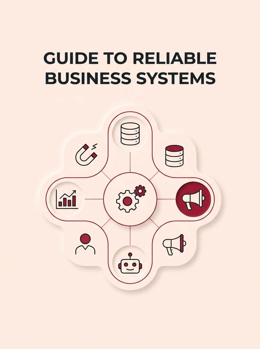 A conceptual image on a cream background, rendered in a Soft UX neumorphic style with floating shadows. A large, central soft-edged emblem accented in crimson conceptually synthesizes modern business systems. Prominent single-stroke icons representing content (megaphone), leads (magnet), automation (gears), AI (robot head), training (person), and tracking (chart) are artistically embedded within and arranged around the central emblem. Subtle, non-sequential lines connect the elements in a balanced, non-linear composition, illustrating their fundamental interconnectedness without a process flow. The entire design is clean, minimalist, and visually rich, suitable for a guide cover, embodying successful unification.