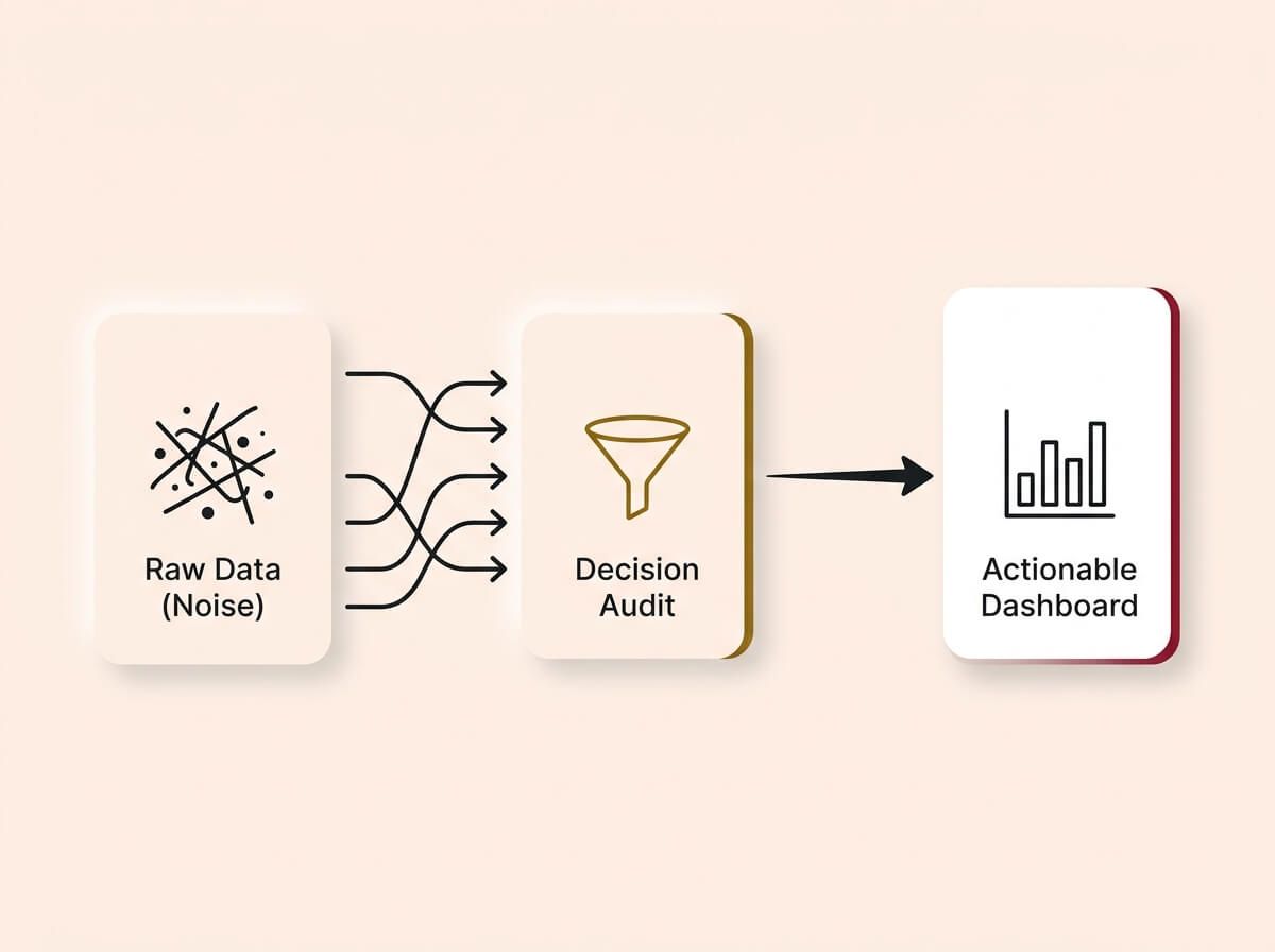 A conceptual infographic diagram on a cream background, rendered in a Soft UX neumorphic style with floating shadows. On the left, five vertically stacked cards representing data sources (CRM, Accounting, Website, Marketing, Projects) feature dark charcoal single-stroke icons. Lines from all five sources flow to the right, converging into a central "Automatic API" gateway card with a gold accent. A final arrow connects this gateway to a large "Live Dashboard" card on the right, accented in crimson. The design illustrates automated data aggregation.