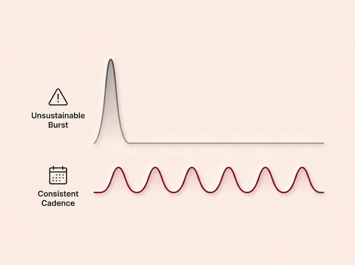 A conceptual infographic diagram on a cream background, rendered in a Soft UX neumorphic style with floating shadows. A horizontal graph compares two publishing cadences over time. The top, faded charcoal line labeled "Unsustainable Burst" shows a massive initial spike that immediately drops to zero. The bottom line labeled "Consistent Cadence" shows a steady, repeating rhythm and features a crimson accent. The design visually illustrates that steady, maintainable output is better than an initial heroic effort that quickly burns out.