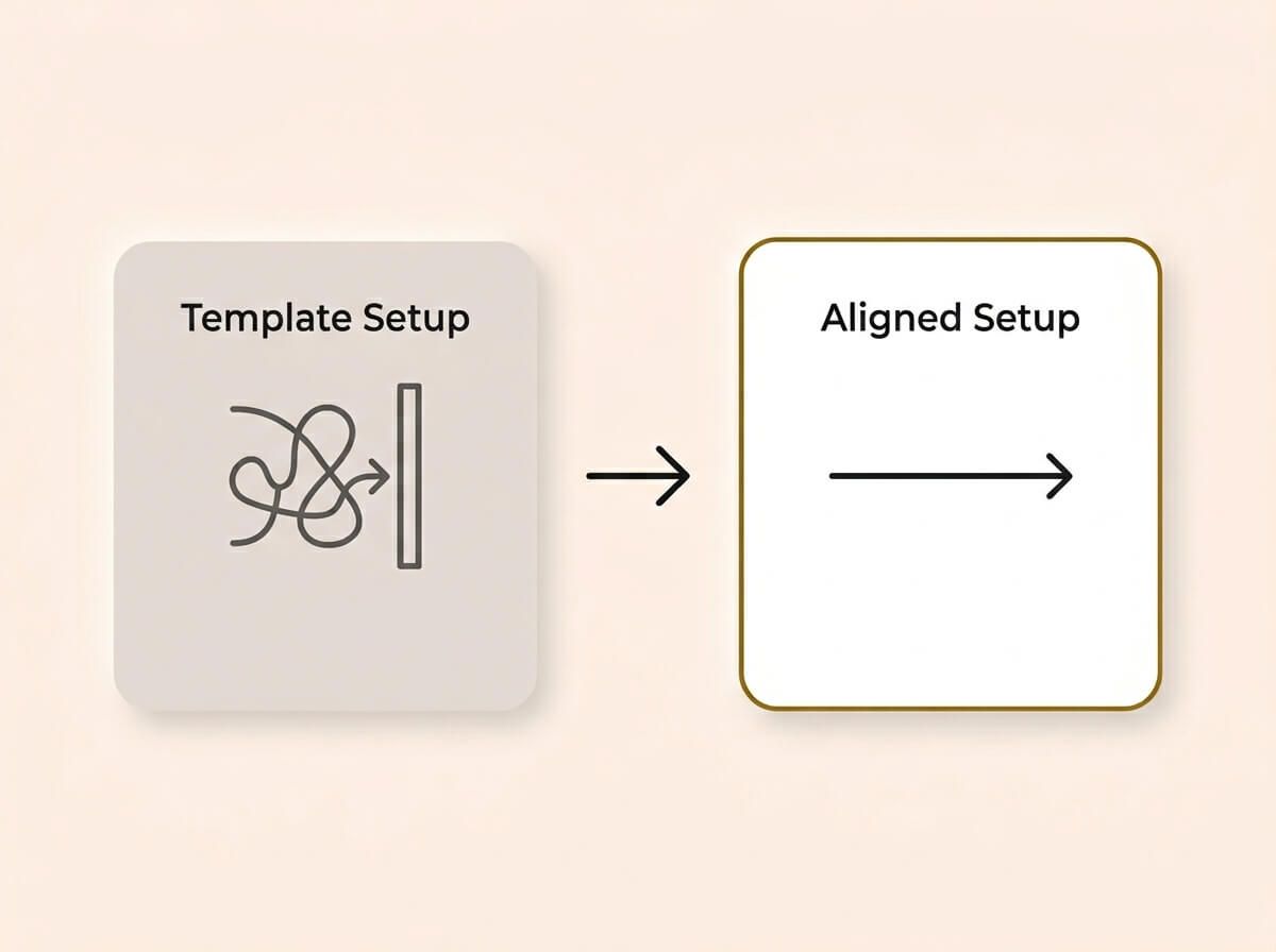 A conceptual infographic diagram on a cream background, rendered in a Soft UX neumorphic style with floating shadows. A side-by-side comparison shows a faded 'Template Setup' card with a tangled, blocked path on the left, representing high operational friction. A charcoal arrow points to a crisp 'Aligned Setup' card on the right, featuring a smooth, flowing path and a muted gold accent. The design visually contrasts the frustration of mismatched tools with the effortless adoption of a workflow-aligned system.