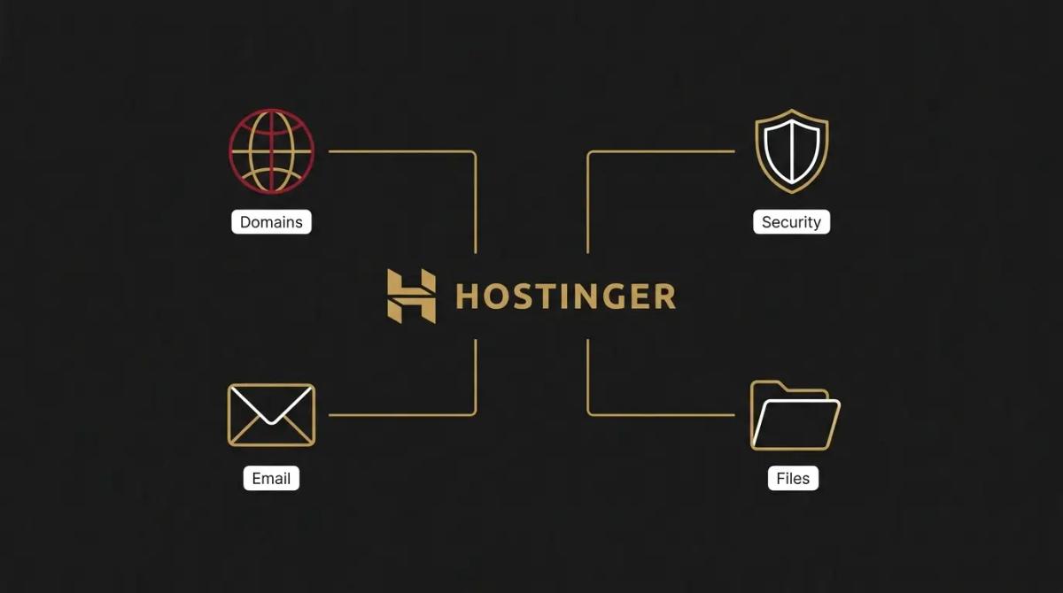 a diagram of Hostinger connected to Domains, Security, Email, and Files.