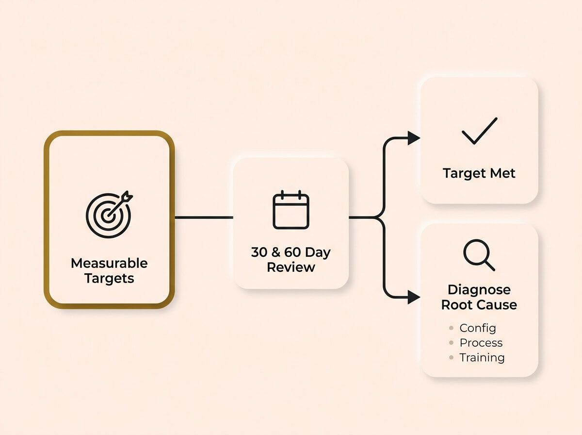 A conceptual infographic diagram on a cream background, rendered in a Soft UX neumorphic style with floating shadows. A horizontal flow begins on the left with a 'Measurable Targets' card accented in muted gold. This connects to a central '30 & 60 Day Review' card. The flow then diverges into two outcomes on the right: a 'Target Met' card and a 'Diagnose Root Cause' card. The design visually represents the necessity of setting goals upfront and actively investigating misses rather than assuming the training failed.