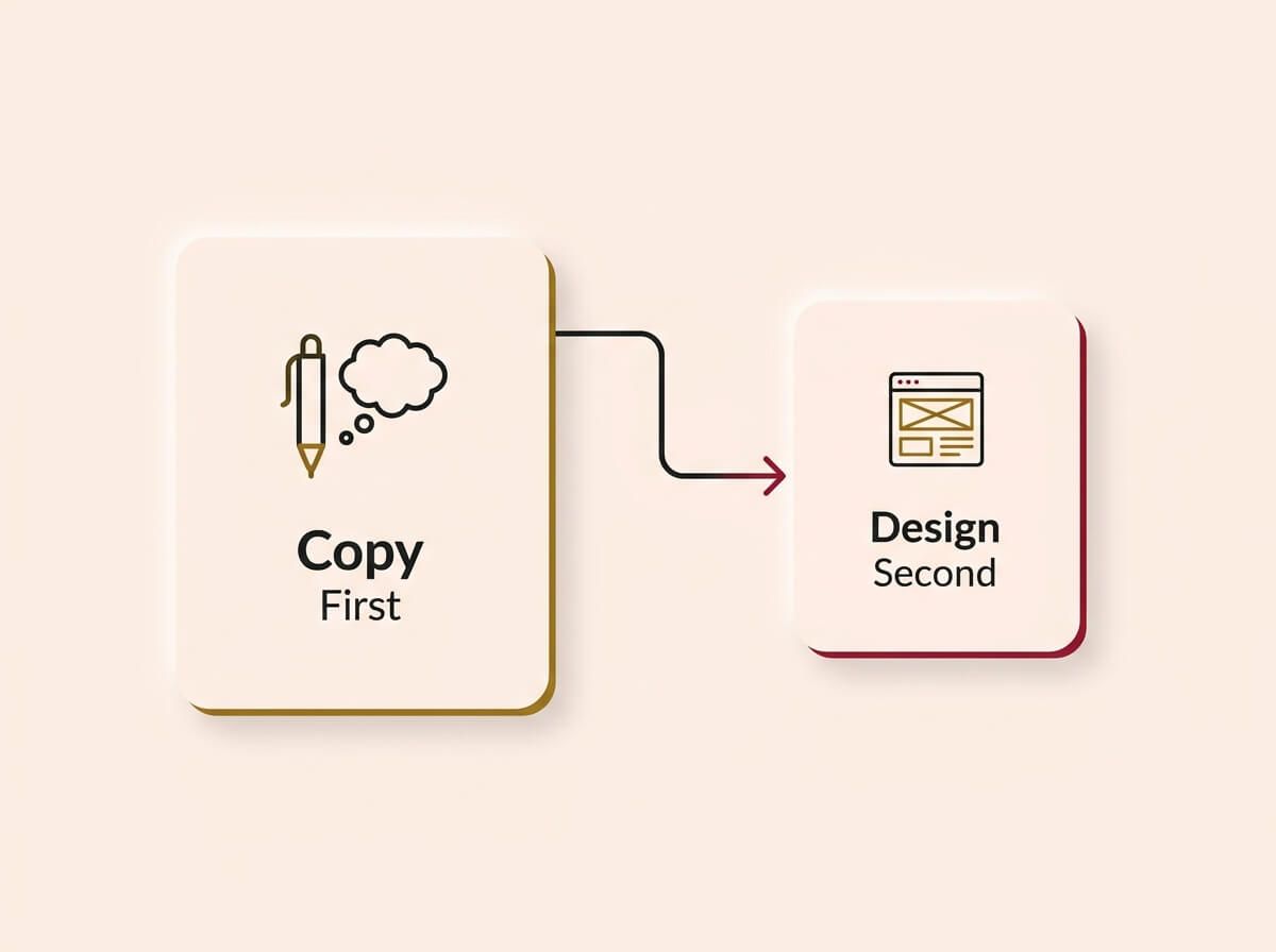 A sequential flowchart on a cream background illustrating the workflow from content to design. Step one is a card labelled "Copy First" with a writing icon and the requirements "Tested Headlines", "Reader Nod", and "Clear Next Step". An arrow points to step two, a card labelled "Design Second" with a wireframe icon and the requirements "Serves message", "Single focus per page", and "Supports Sale".