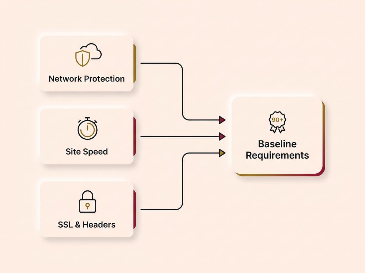 A converging flowchart on a cream background illustrating three baseline website requirements. Three input cards labeled "Network Protection", "Site Speed", and "SSL & Headers" flow into a single primary card labeled "Baseline Requirements".