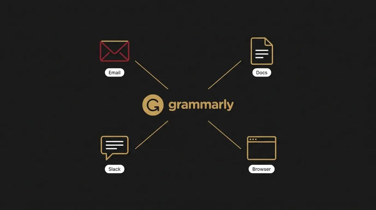 a diagram of Grammarly connected to Email, Docs, Slack, and Browser.
