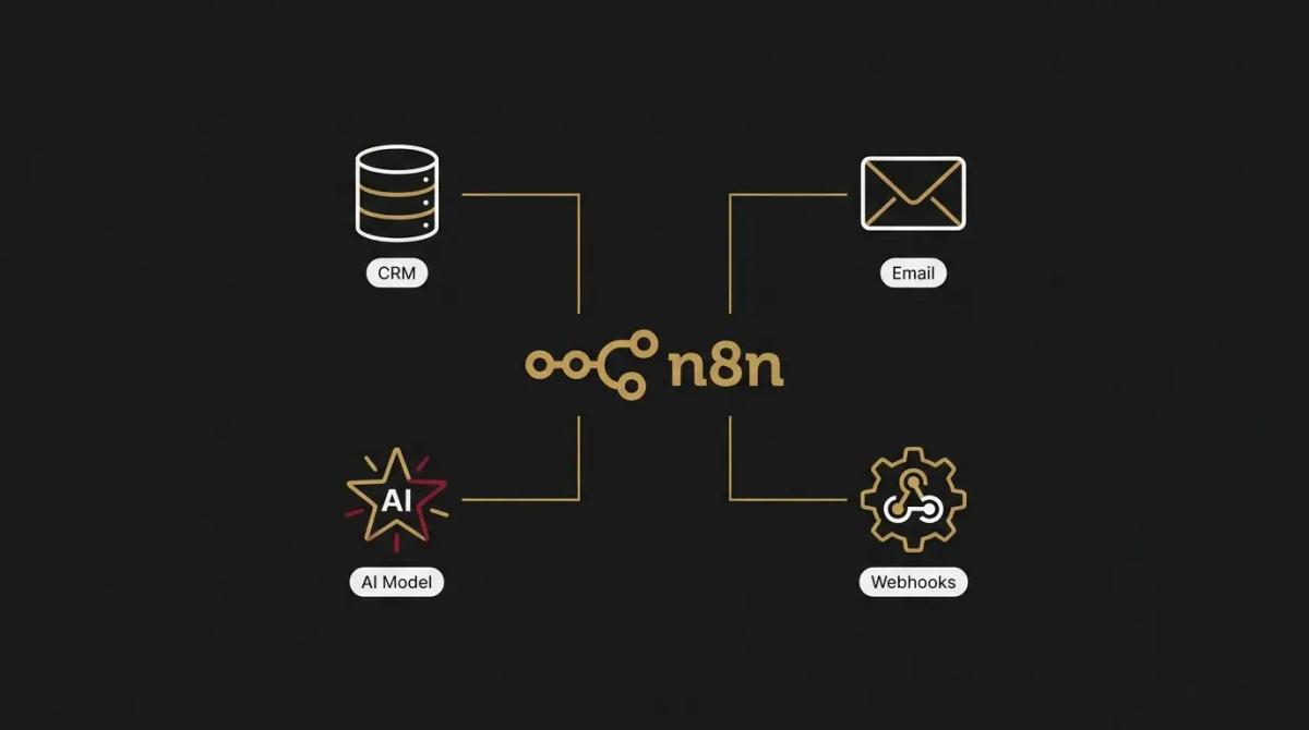 a diagram of n8n connected to a CRM, Email, an AI Model, and Webhooks.