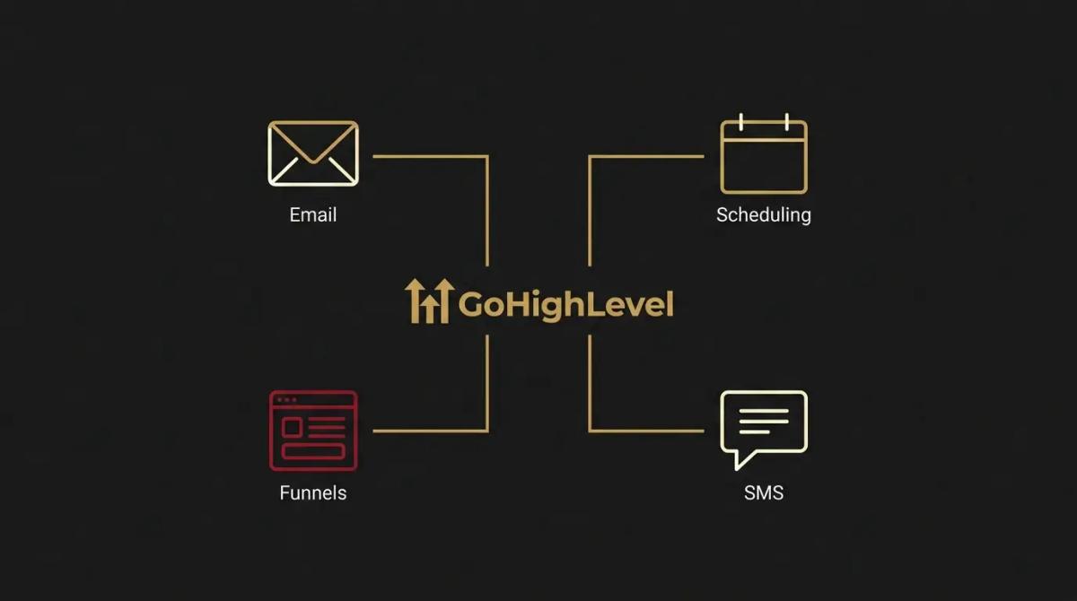 a diagram of GoHighLevel connected to Email, Scheduling, Funnels, and SMS.