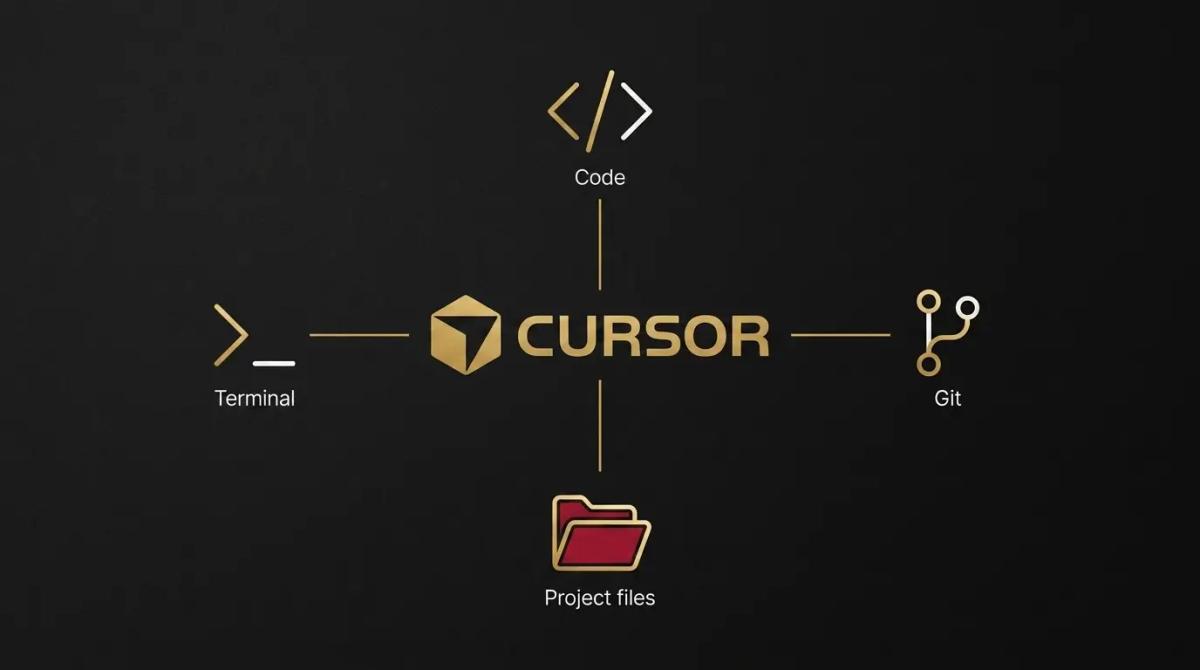 a diagram of Cursor connected to Code, Git, Project files, and Terminal.