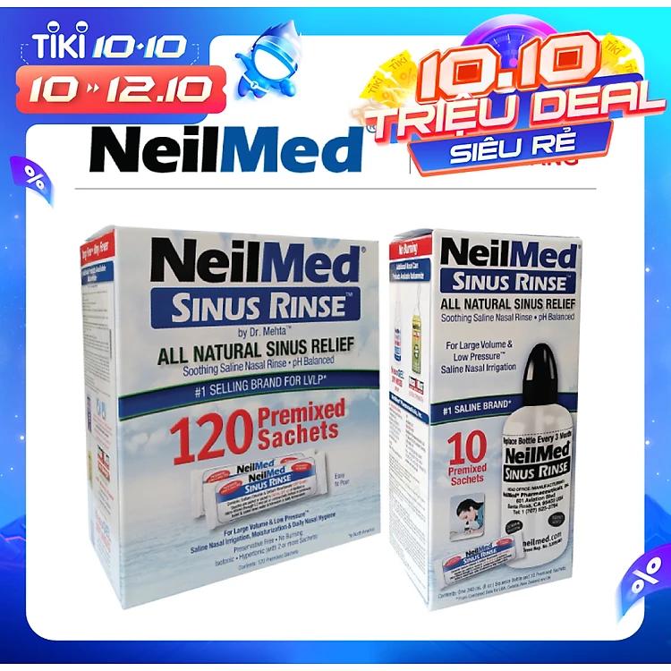Combo Adult SinusCare : Bình Rửa Vệ Sinh Mũi Xoang Người Lớn NeilMed Sinus Rinse - SX Mỹ, Giải Pháp Tối Ưu hỗ trợ điều trị Viêm Xoang Cấp & Mãn. (Bình 10 gói và Hộp 120 gói muối rửa bổ sung)