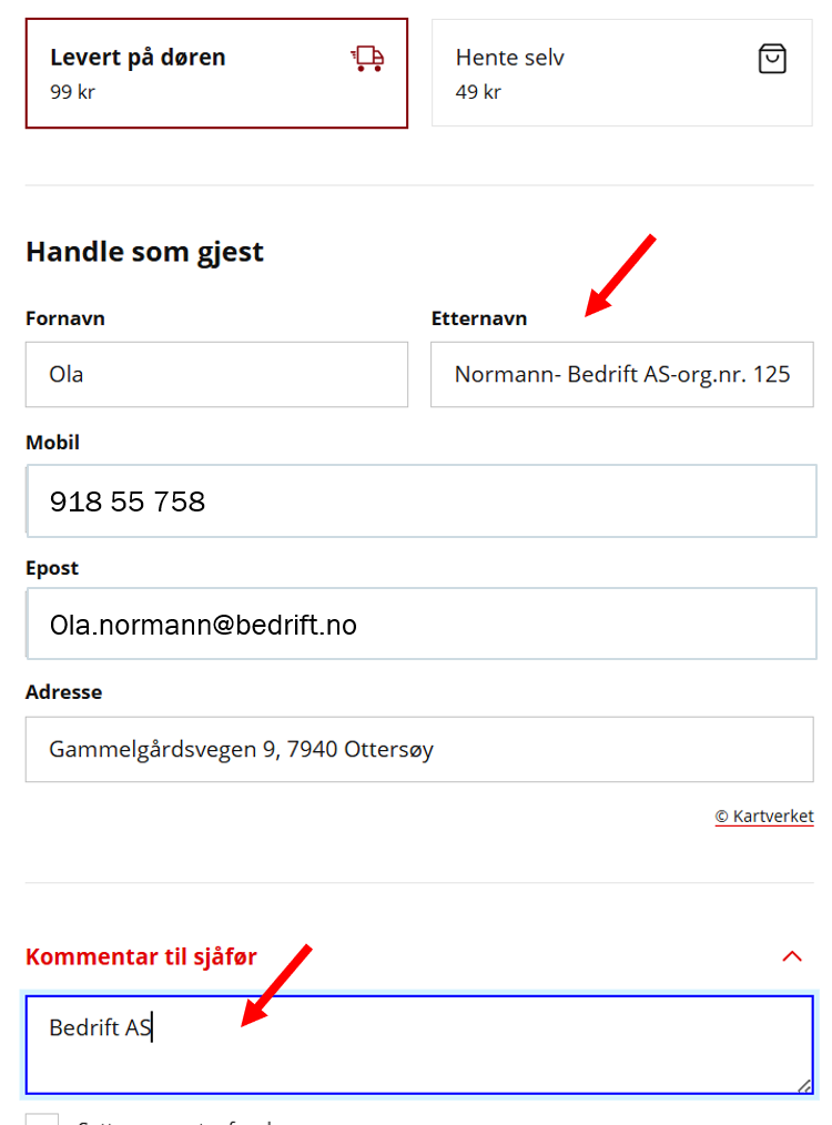 Når du som gjest skal legge inn ekstra info under etternavn eller kommentar til sjåfør.