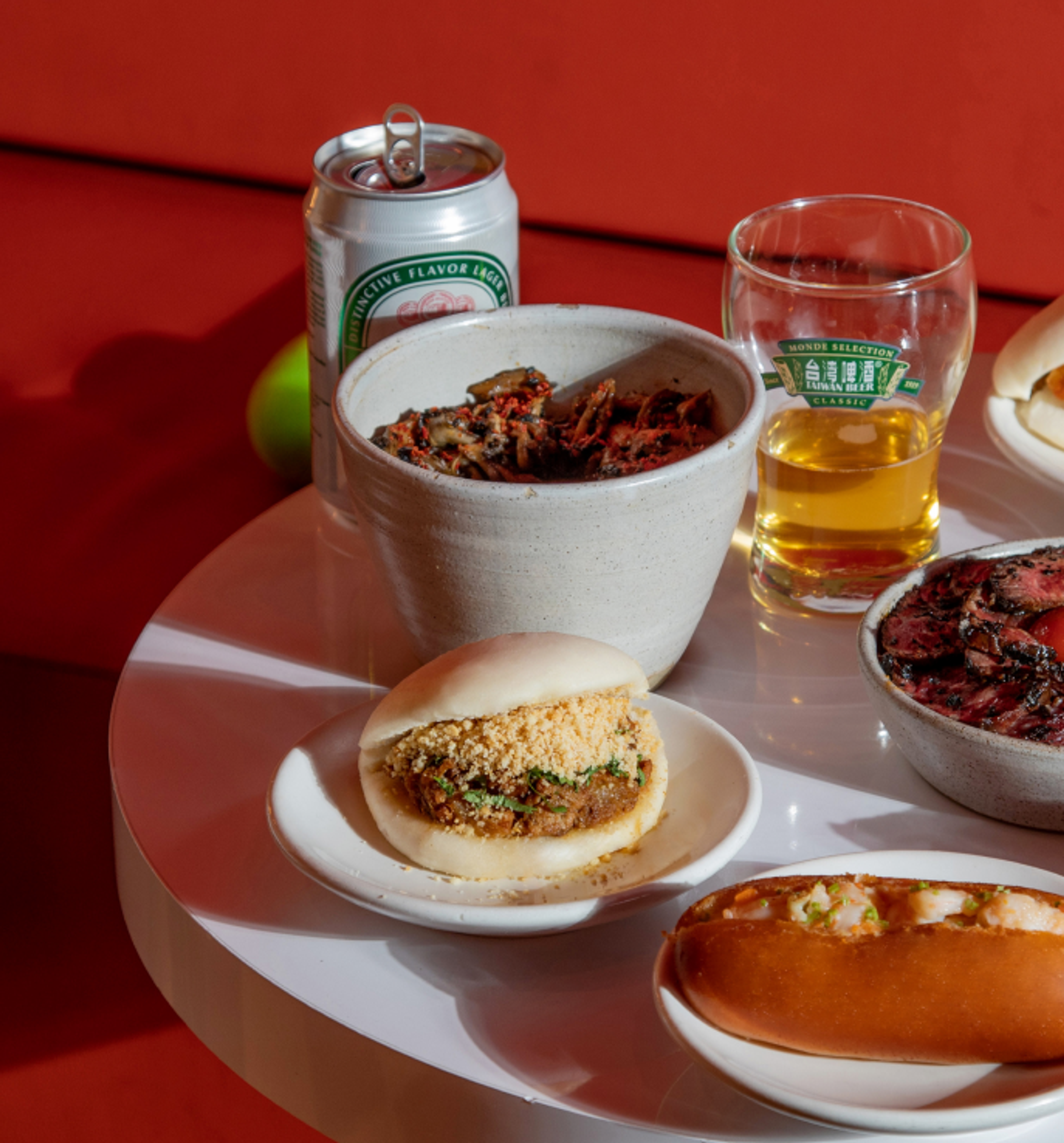 karaoke food spread, taiwan beer, fried prawn bao, classic pork braise, beef rice