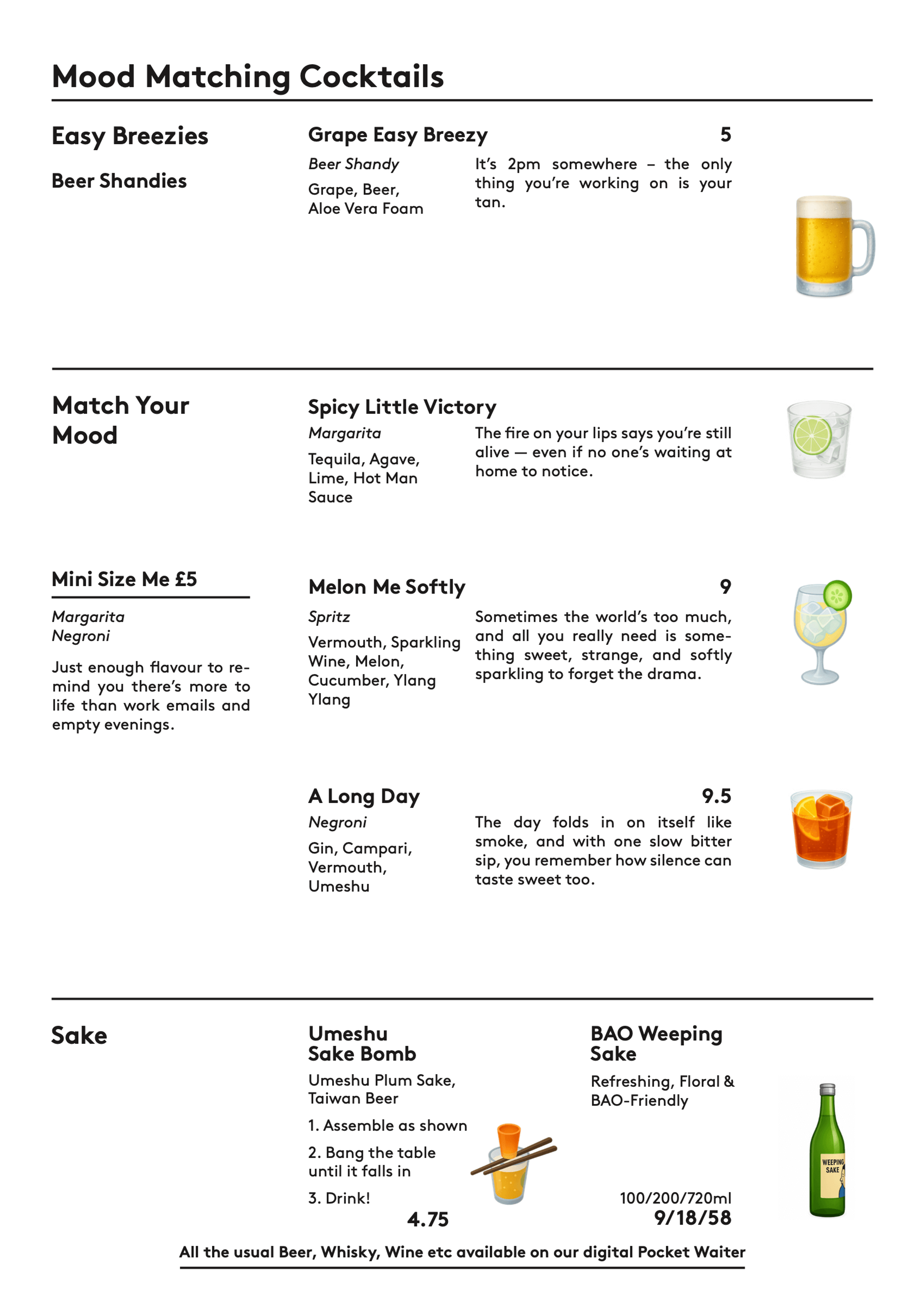 BAO Soho Cocktails and Shandies Drinks Menu