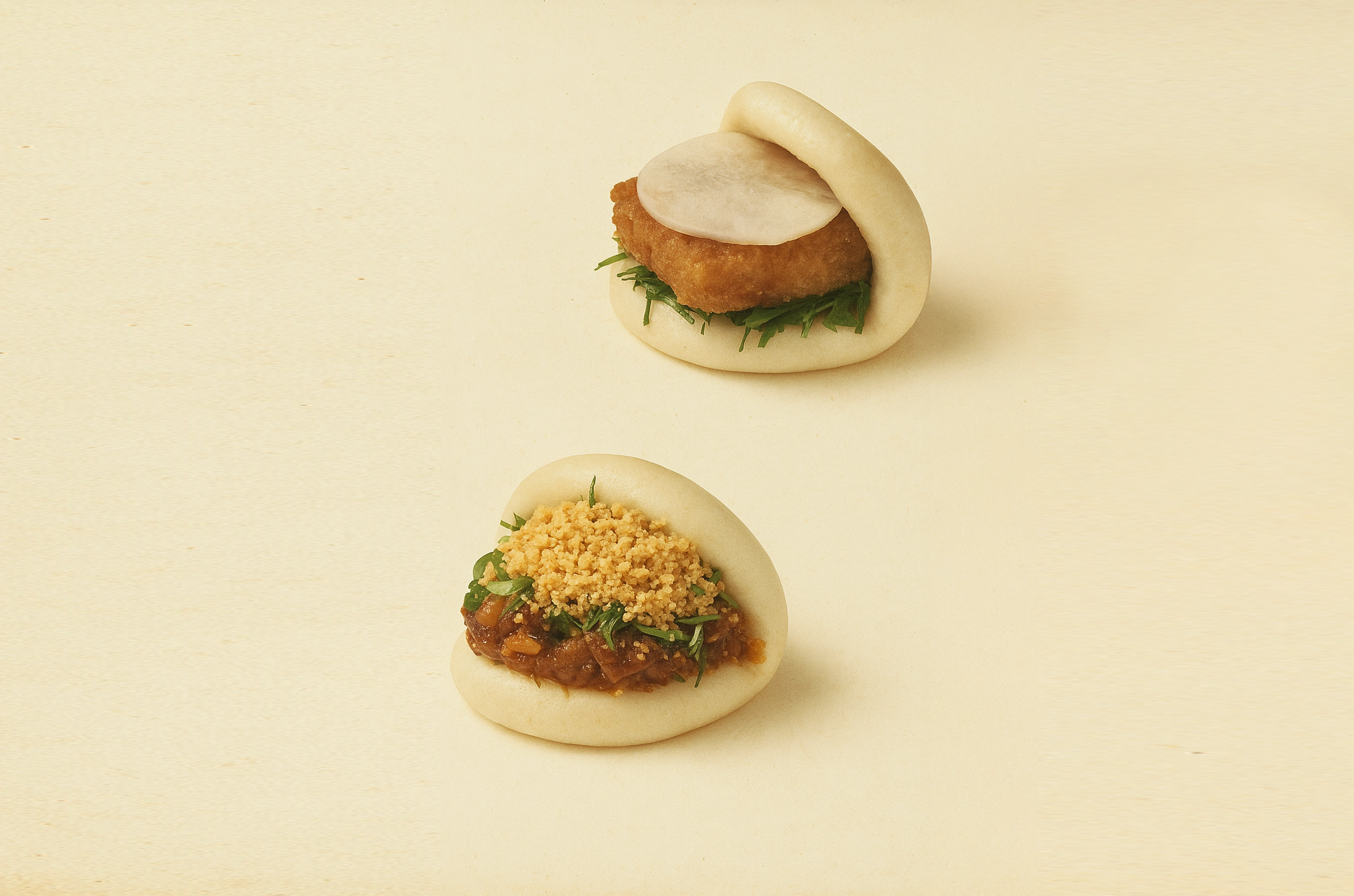 Braised Pork steamed bun, panko vegetarian daikon bao from award winning taiwanese BAO restaurant in London