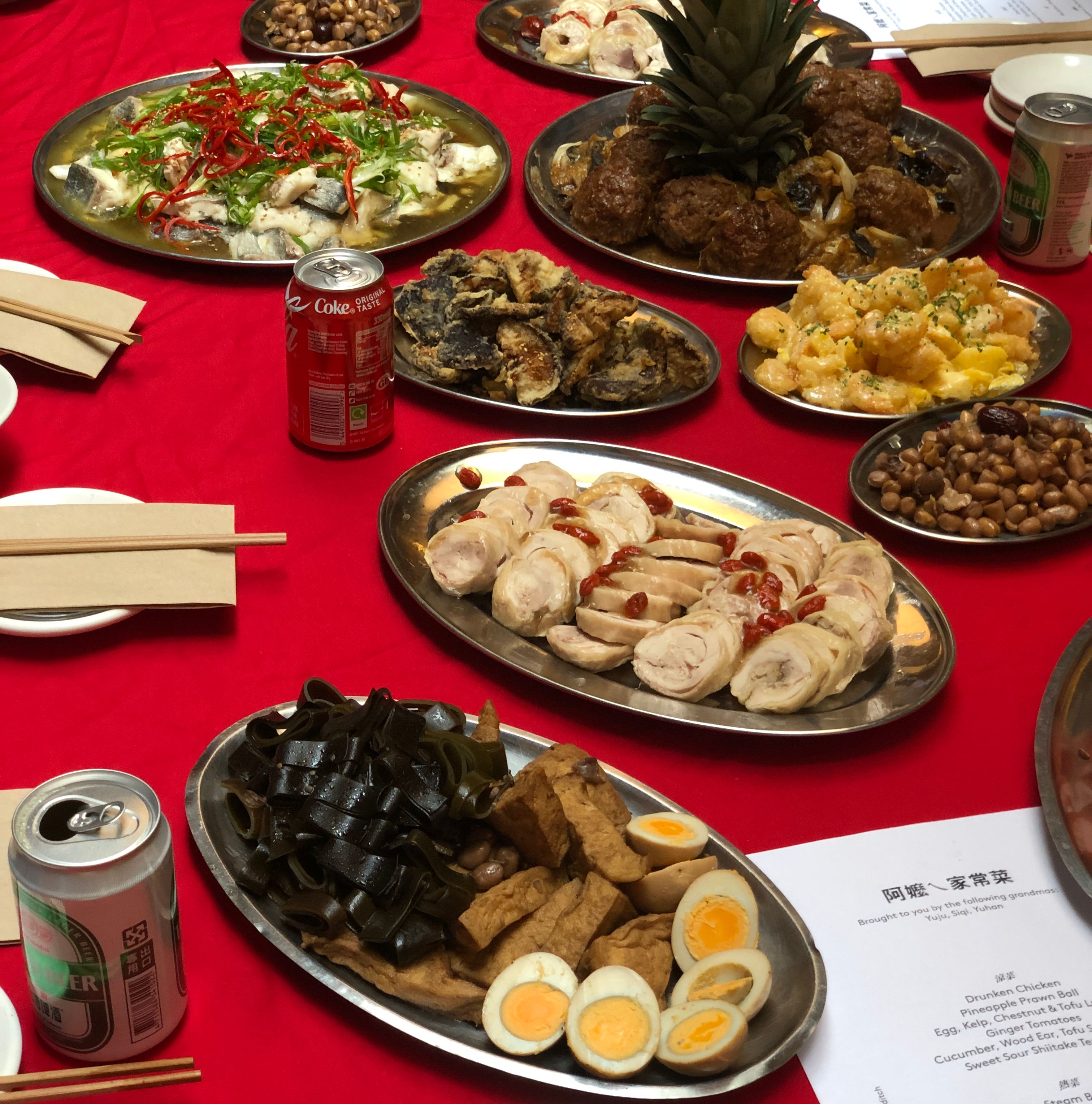 Taiwanese homey food on a table with red cloth