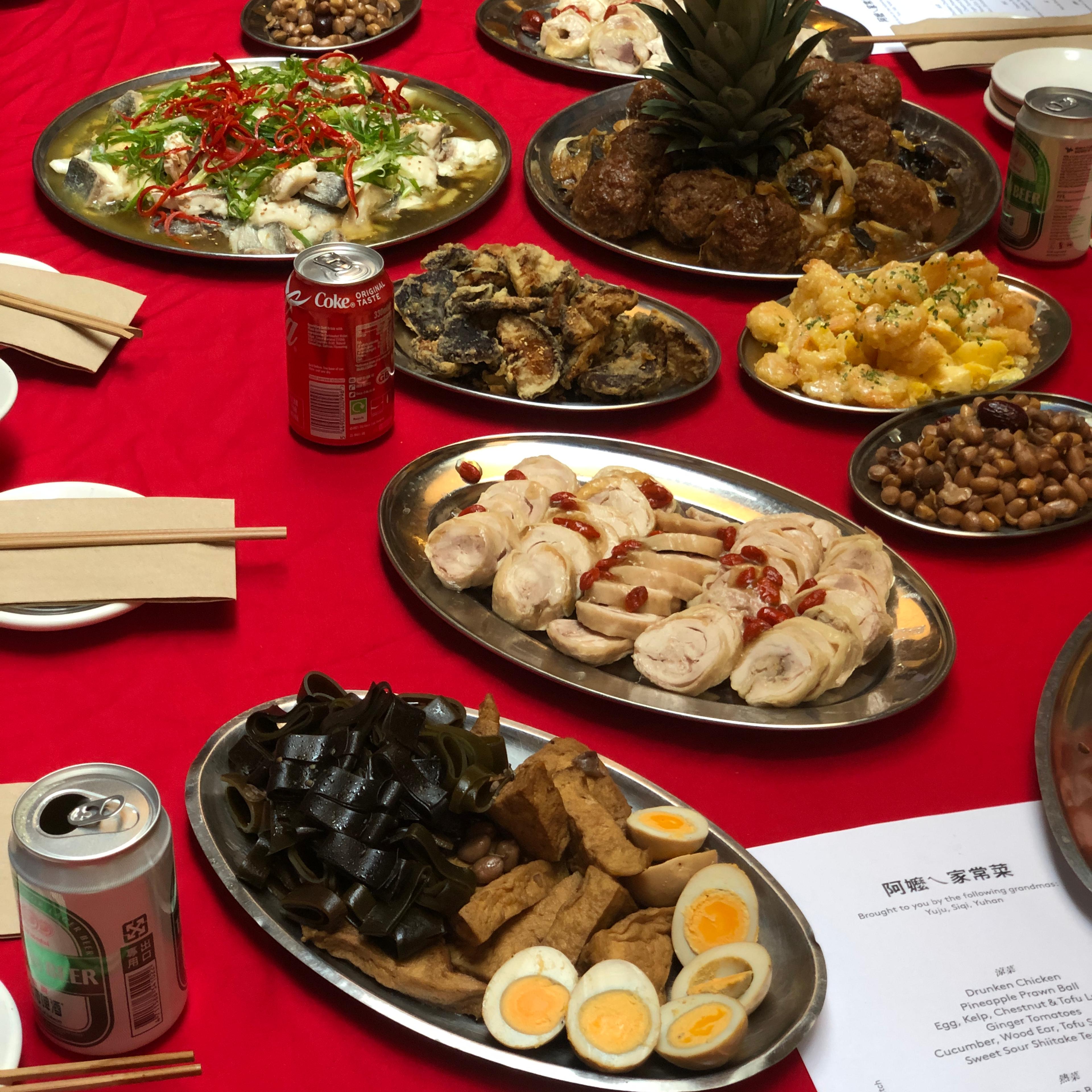 Taiwanese homey food on a table with red cloth