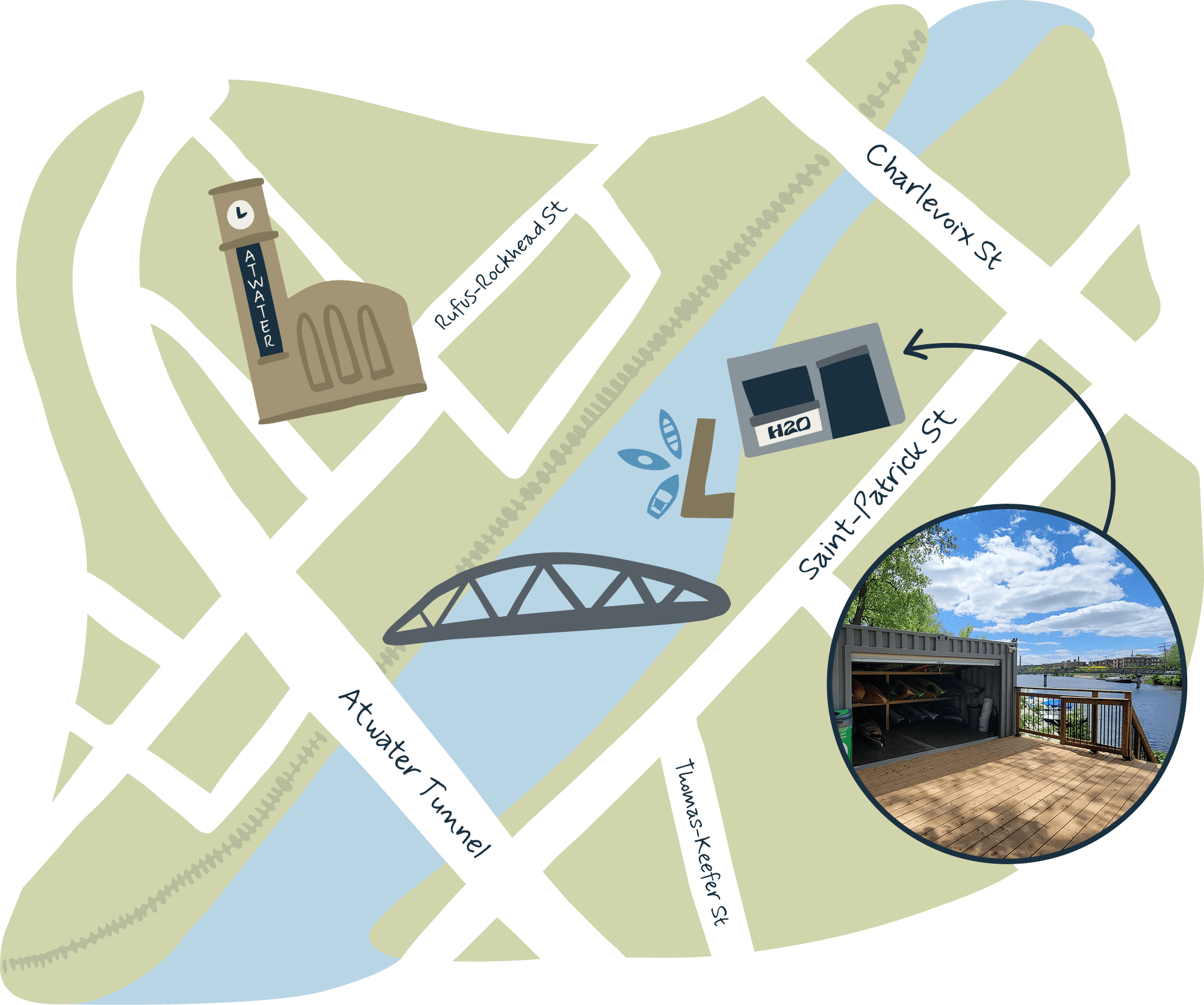 An illustrated map showing the location of H2O Adventures along the Lachine Canal in Montreal.