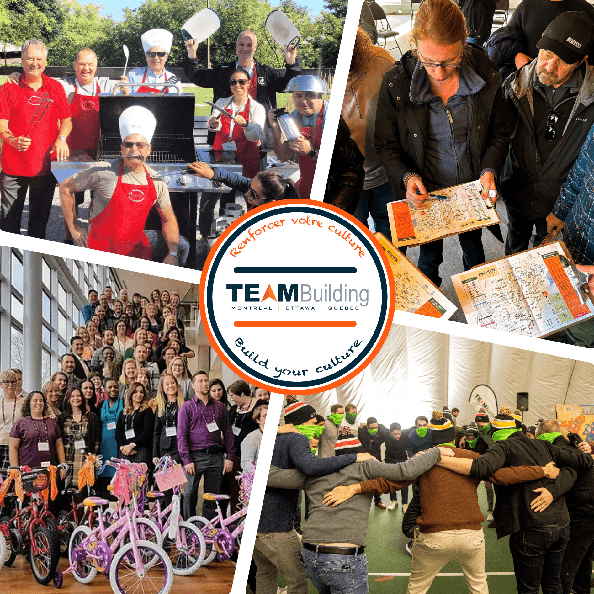 A photo collage featuring corporate team-building activities, including outdoor cooking, map reading challenges, group bike building, and team huddles, centered around the TeamBuilding logo.
