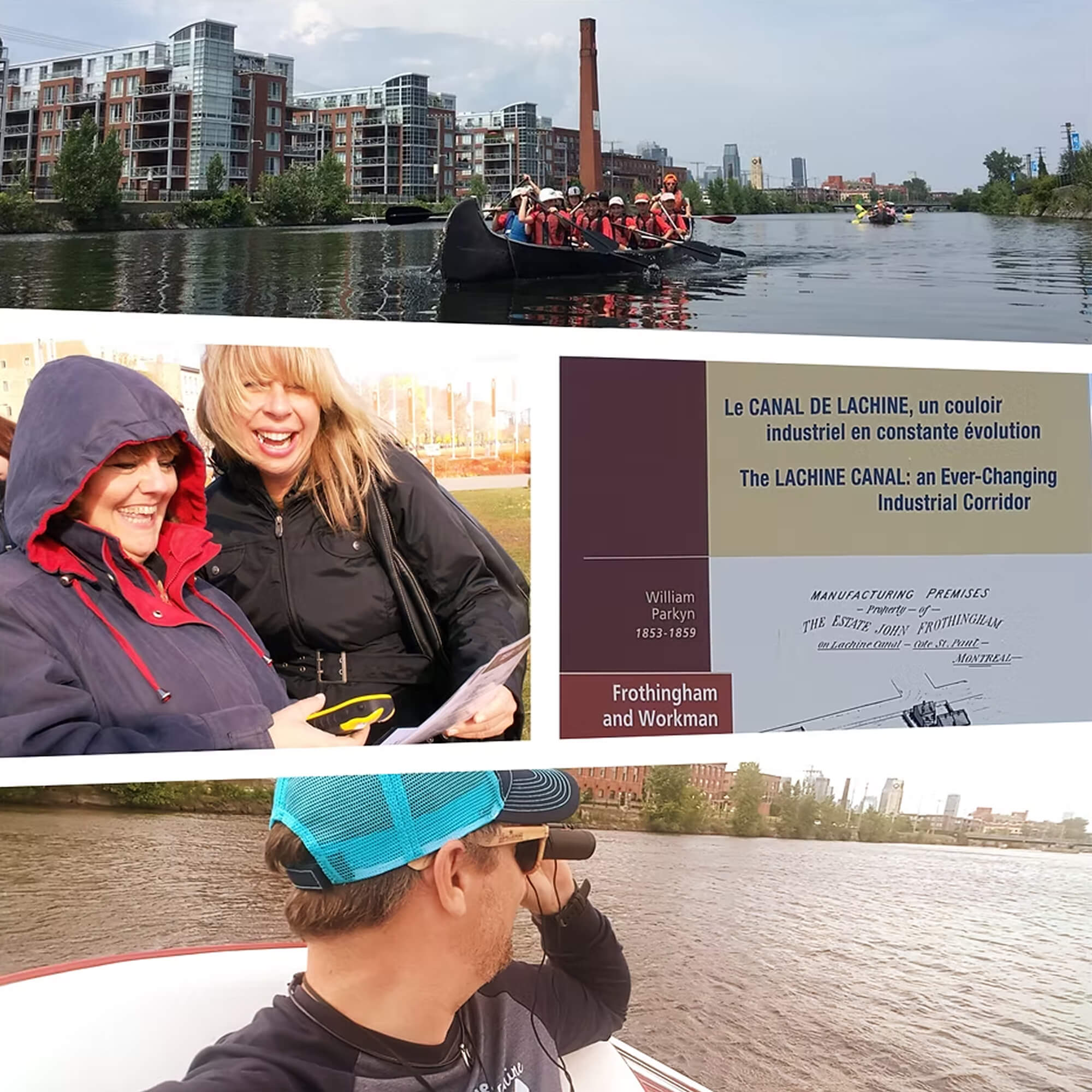 A photo collage highlighting participants navigating and completing various checkpoints during the GPS Challenge on the Lachine Canal in Montreal.