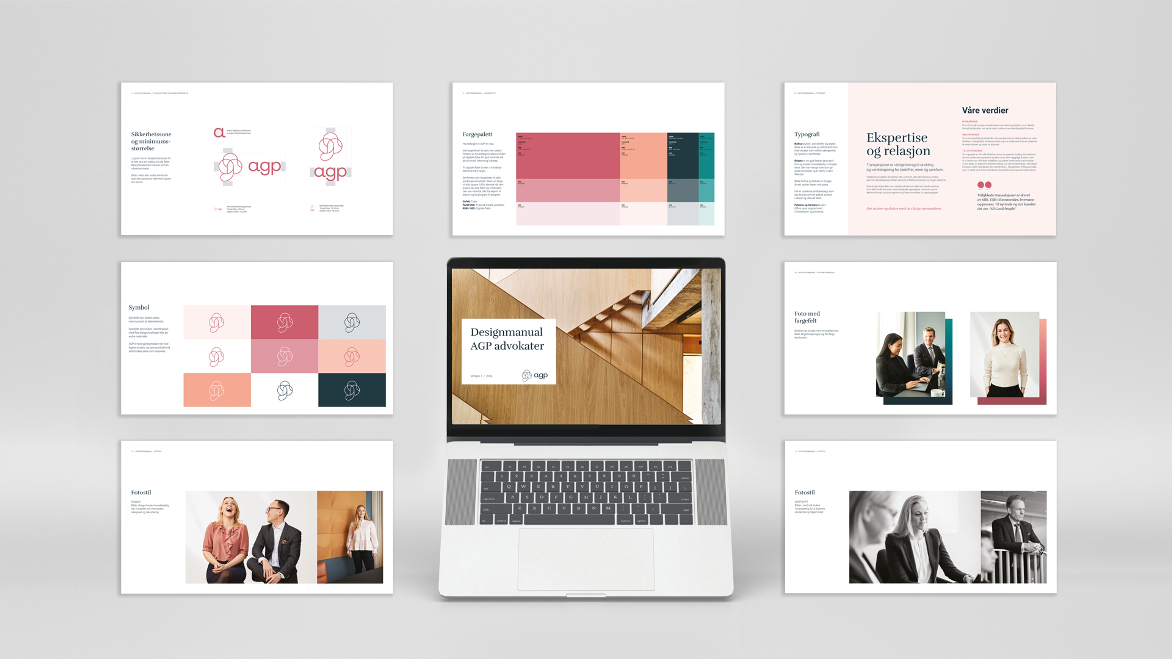 Viser noen sider fra designmanualen