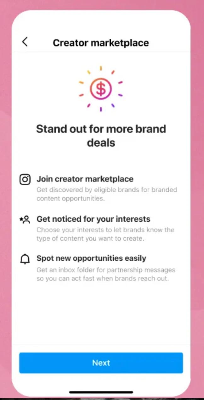 Phone screen showing Creator Marketplace tips for joining, getting noticed, and landing brand deals.