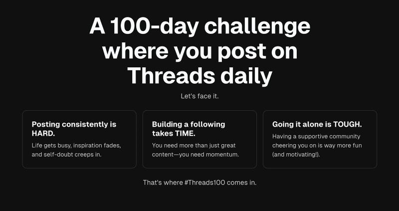 BlackTwist 100-day challenge landing page encouraging daily posting on Threads to build consistency and grow audience.