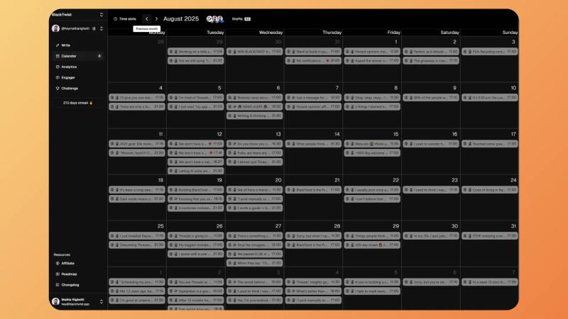 BlackTwist calendar view showing scheduled Threads posts for the month