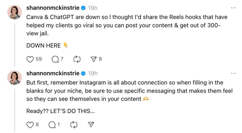 Screenshot of two Threads posts by @shannonmckinstrie sharing viral Reels hooks and emphasizing connection and niche messaging, used as supporting context for Meta Threads Monetization.
