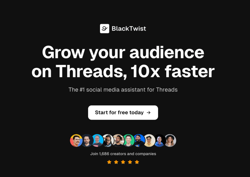 BlackTwist landing page promoting audience growth on Threads with free trial and creator reviews.