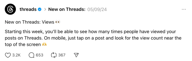 Threads official post about viewing post view counts on mobile in the app.