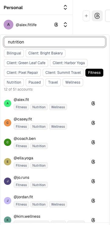 Account switcher with label filter and search