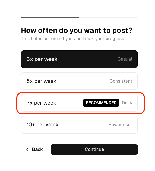 BlackTwist posting frequency selector highlighting the recommended 7 posts per week option for planning your schedule.