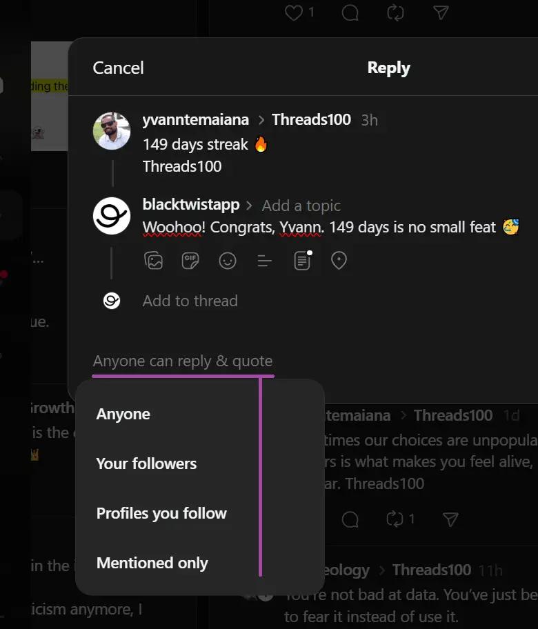 Screenshot of the step in the process in the Threads app indicating how to view comments.