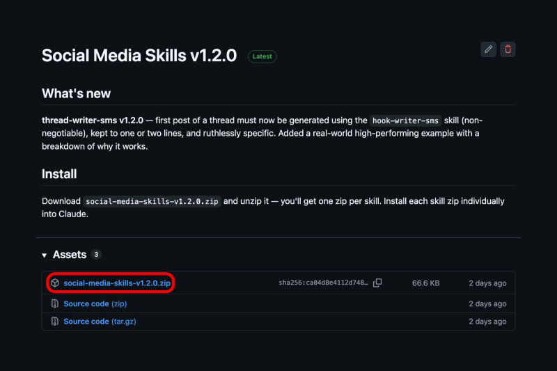 GitHub Social Media Skills Releases page