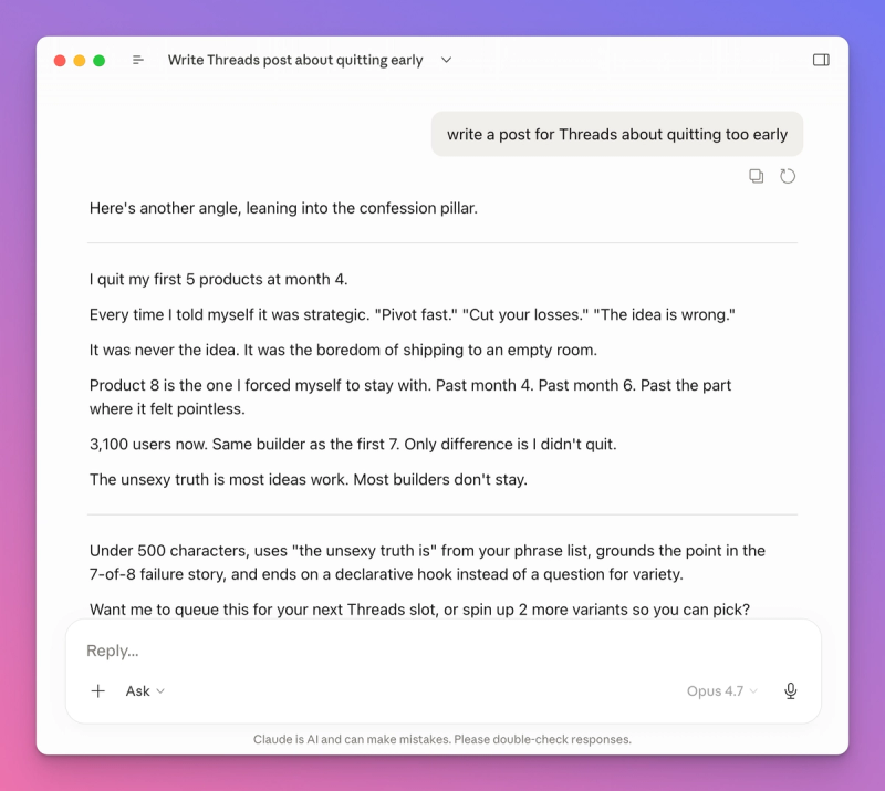 Claude generating a Threads post with a strong opening hook, and body text matching the user's casual voice