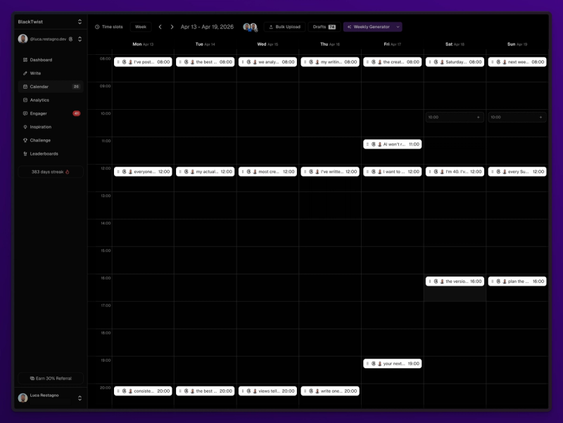 BlackTwist dashboard calendar view showing all 21 posts spread across Monday to Sunday with three posts per day